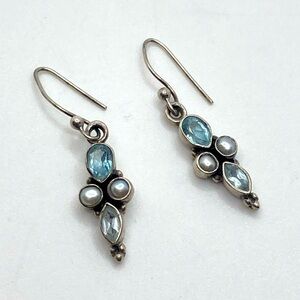 Vtg Sterling Blue Topaz & Pearl Shepherds Hook Earrings 1.5”